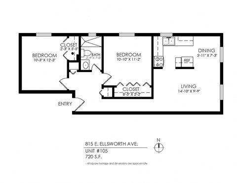 Floor plan for 2 beds, 1 bath, 720 sqft